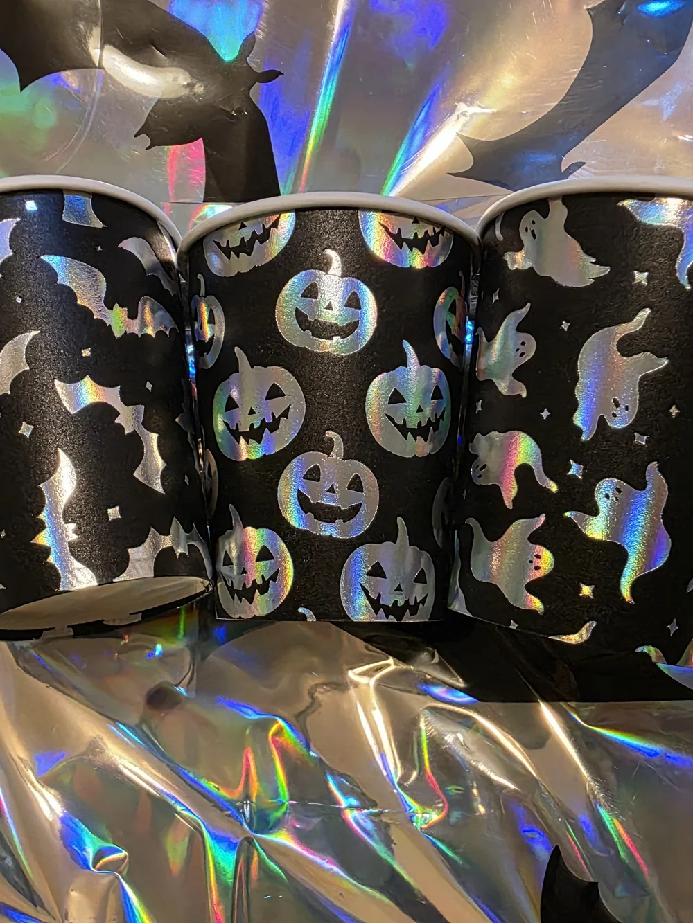 Halloween Party Set Iridescent Bat Pumpkin & Ghost Cups 2 Tablecloths